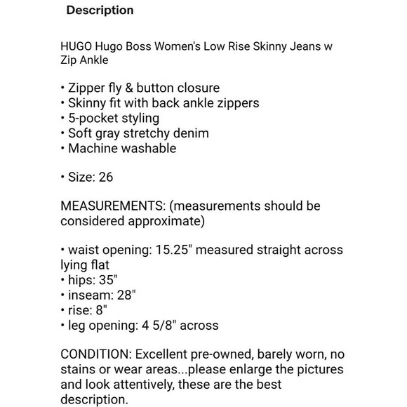 HUGO Hugo Boss Jeans  Women's Size 26  Low Rise Skinny w Zip Ankle  Gray Denim - Picture 11 of 11